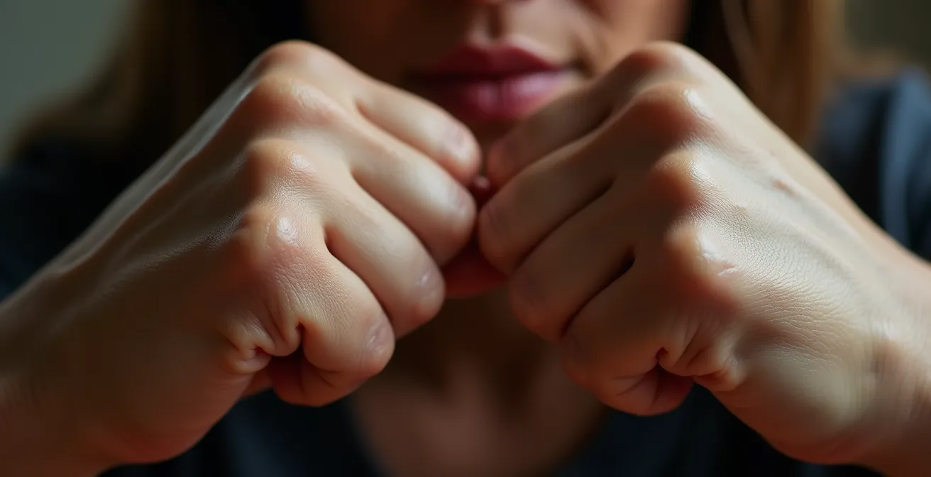 Gros plan sur des mains d'athlète en position de garde, détails des articulations et tensions musculaires visibles