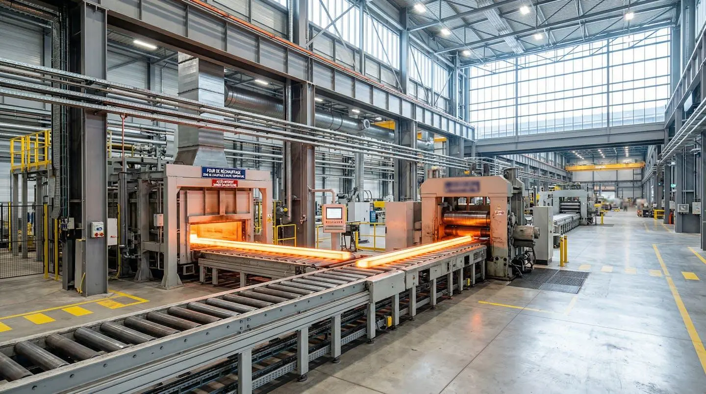 Vue large d'un atelier industriel moderne avec zones de forte chaleur, éclairage naturel abondant, environnement propre et lumineux