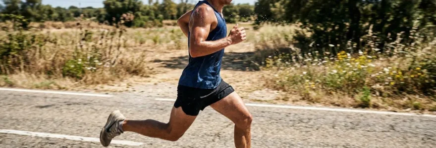 Un coureur en mouvement sur une route ensoleillée, gouttes de sueur visibles sur son front et ses bras, arrière-plan naturel légèrement flouté