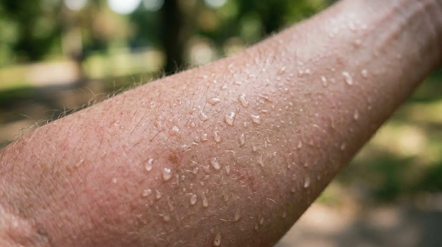 Gros plan sur une peau bronzée avec plusieurs gouttelettes de sueur, arrière-plan très flouté suggérant un contexte sportif extérieur