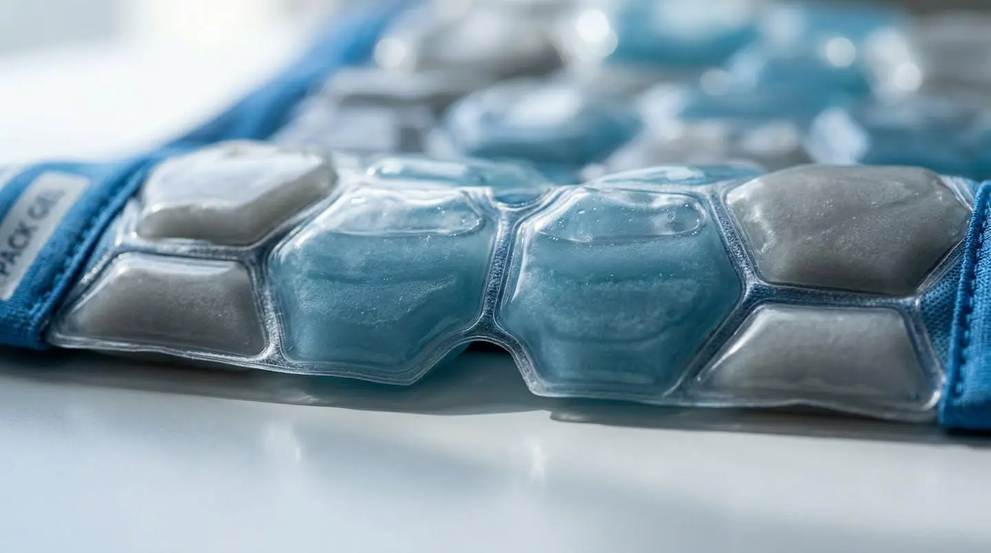 Gros plan sur des inserts PCM (poches réfrigérantes bleues et grises) posés sur une surface propre et moderne