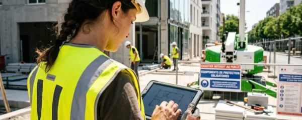 Un ouvrier du bâtiment vu de dos porte un gilet haute visibilité sur un chantier moderne ensoleillé en France