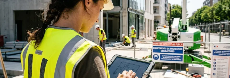 Un ouvrier du bâtiment vu de dos porte un gilet haute visibilité sur un chantier moderne ensoleillé en France