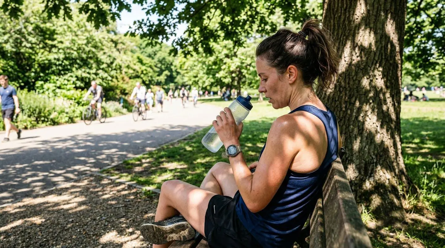 Une coureuse assise à l'ombre d'un arbre, bouteille d'eau à la main, expression de fatigue naturelle, environnement de parc ensoleillé en arrière-plan