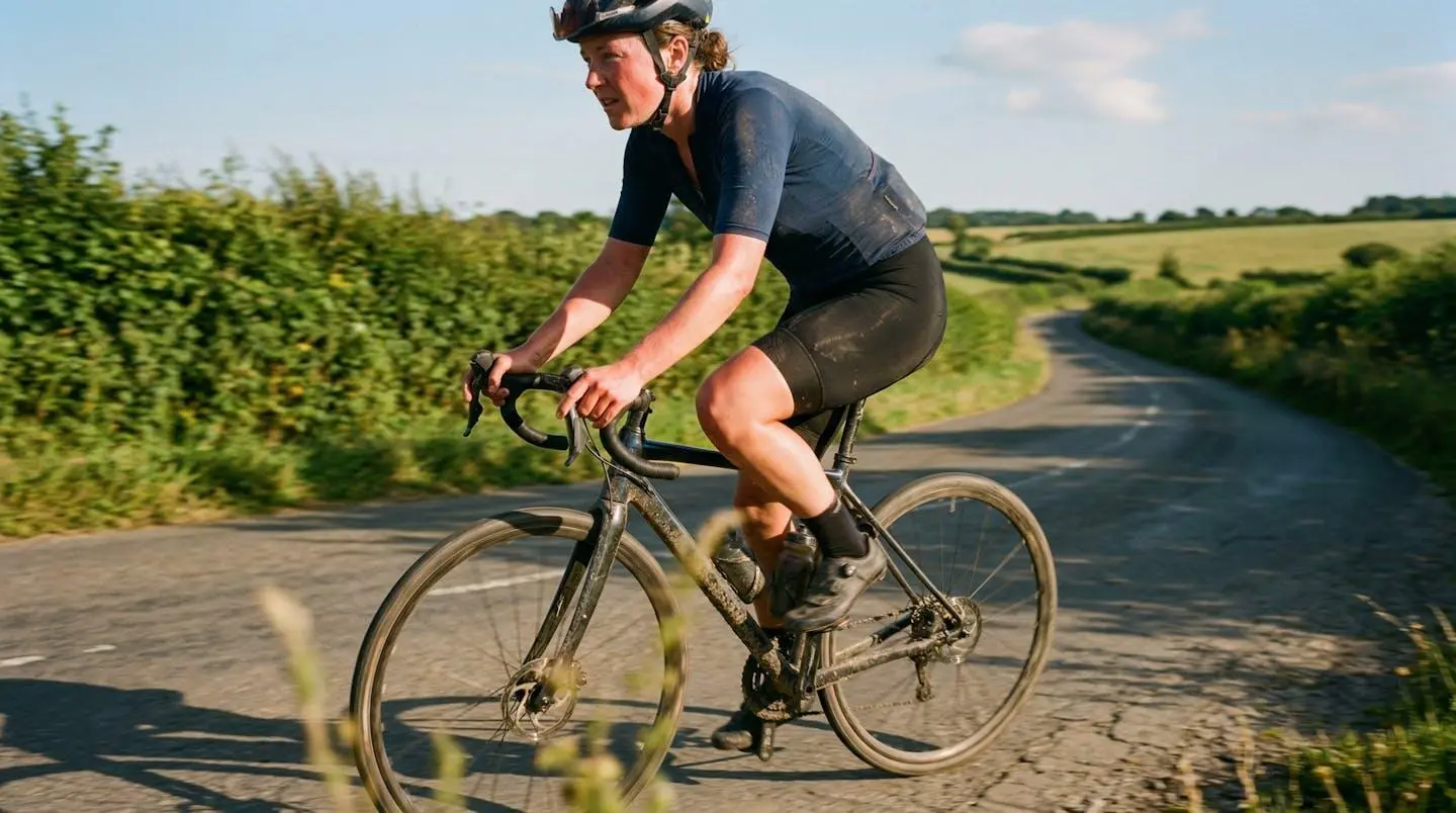 Un cycliste vu de profil pédalant sur une route de campagne, peau légèrement rougie au niveau des bras et du visage, lumière naturelle estivale